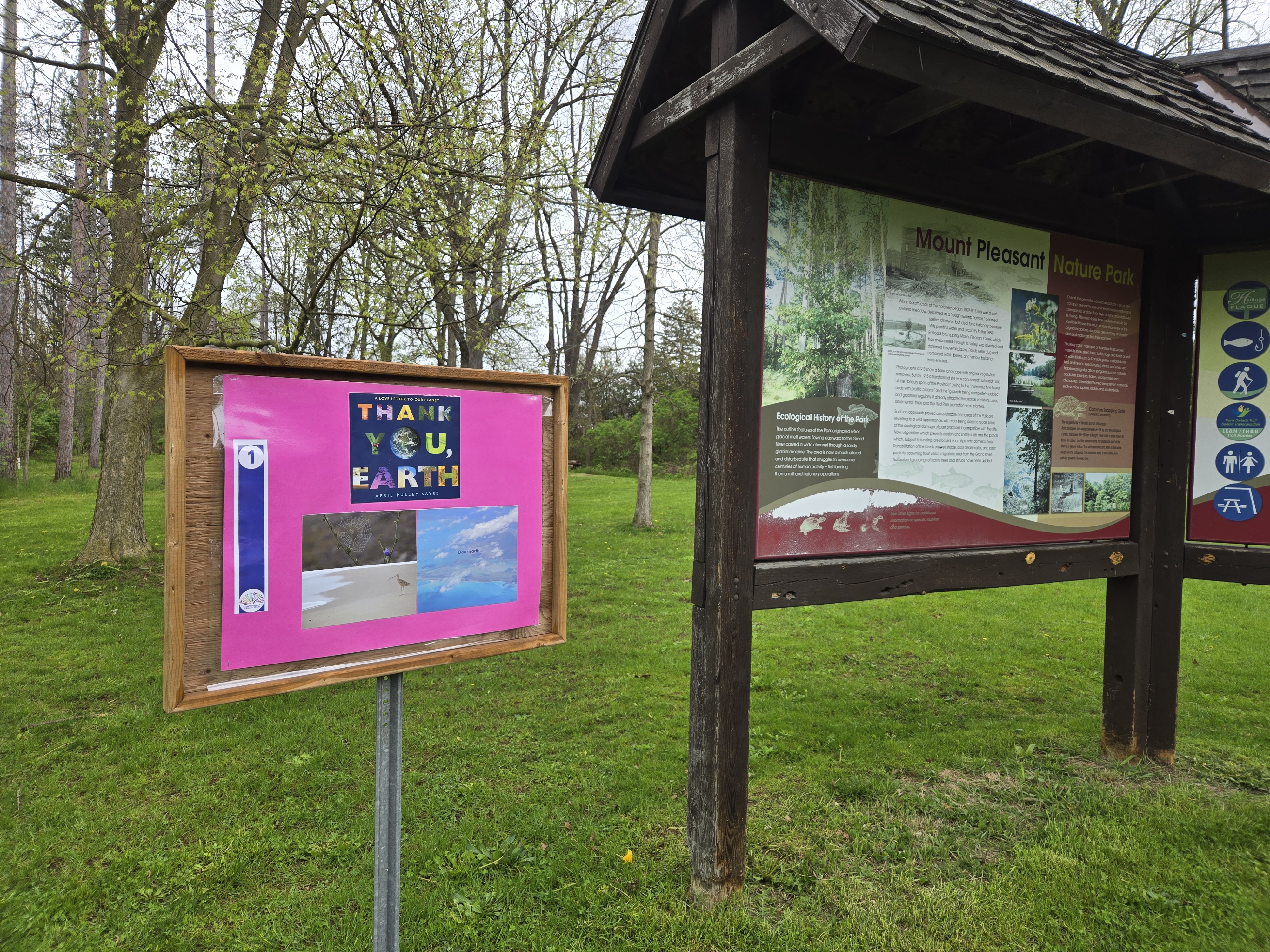 A Storybook Walk storyboard. The storyboard is located along a tree-covered trail in a forest or park-like setting.