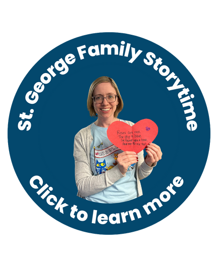 St. George Family Storytime button with librarian holding a paper heart