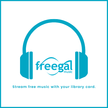 Headphones graphic with Freegal logo placed between ear pieces. Text reads, "Stream free music with your library card."